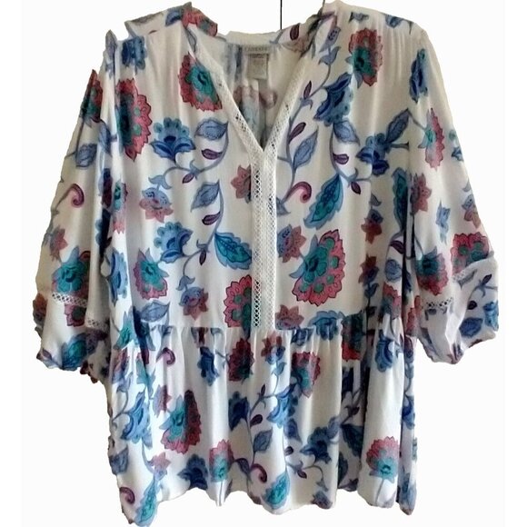 Catherines Tops - CATHERINES White Blue Floral Popover Blouse Cottagecore Peasant Boho- 3X (26/28)